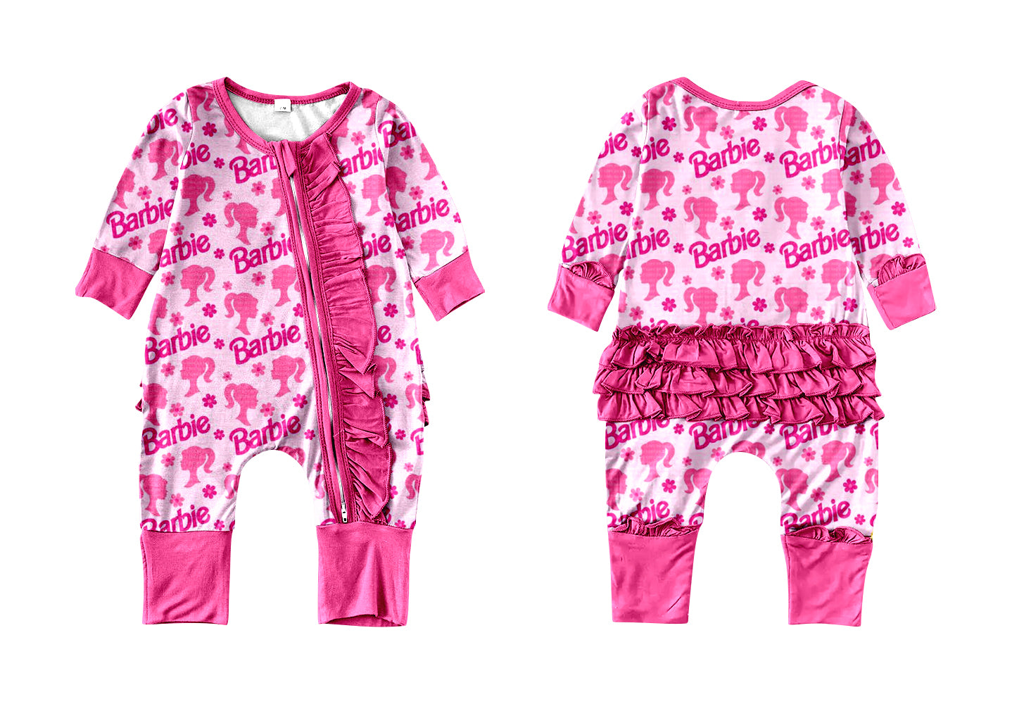 (Custom Design MOQ 5) Pink Ruffles BA Print Baby Girls Zip Romper