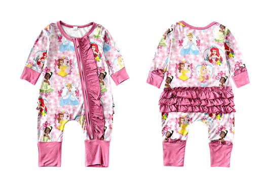 (Custom Design MOQ 5) Pink Ruffles Cartoon Princess Print Baby Girls Zip Romper