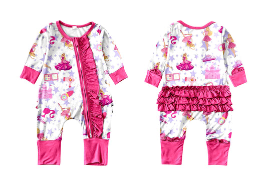 (Custom Design MOQ 5) Pink BA Print Baby Girls Zipper Romper