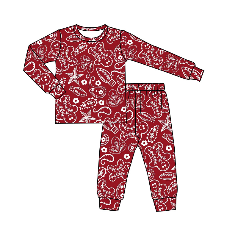 (Custom Design MOQ 5) Red Gingersnap Paisley Kids Christmas Pajamas Clothes Set