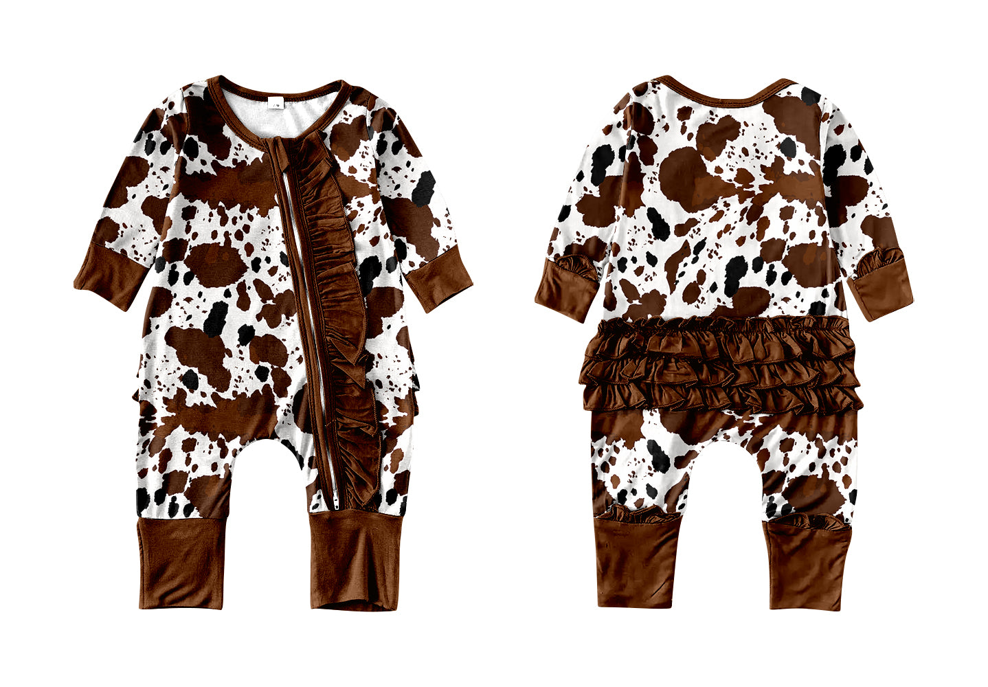 (Custom Design MOQ 5) Brown Ruffles Cow Print Baby Girls Zip Romper