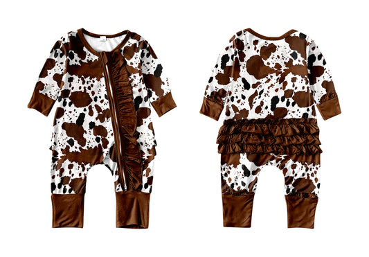 (Custom Design MOQ 5) Brown Ruffles Cow Print Baby Girls Zip Romper