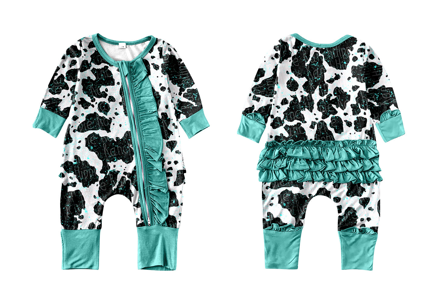 (Custom Design MOQ 5) Aqua Ruffles Cow Print Baby Girls Zip Romper