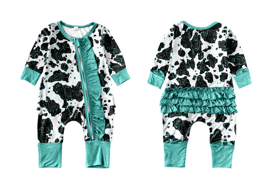 (Custom Design MOQ 5) Aqua Ruffles Cow Print Baby Girls Zip Romper