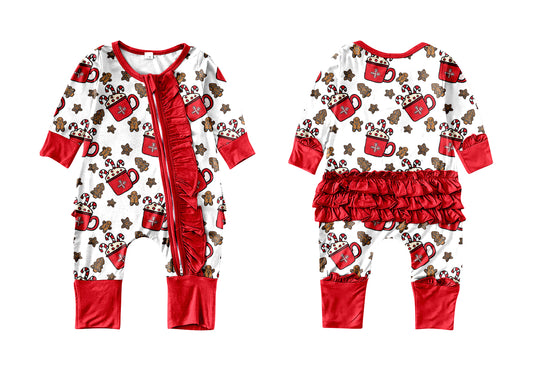 (Custom Design MOQ 5) Gingersnap Print Baby Girls Christmas Zipper Romper