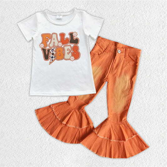 GSPO0867 Fall flowers top orange denim bell bottom jeans girls clothes set