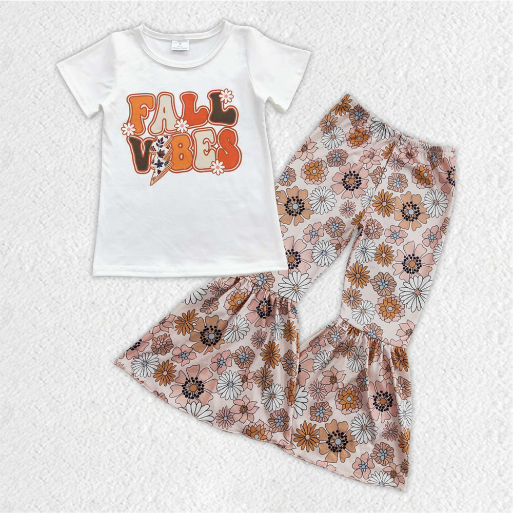 GSPO0866 Flowers print bell bottom pants girls fall clothes set