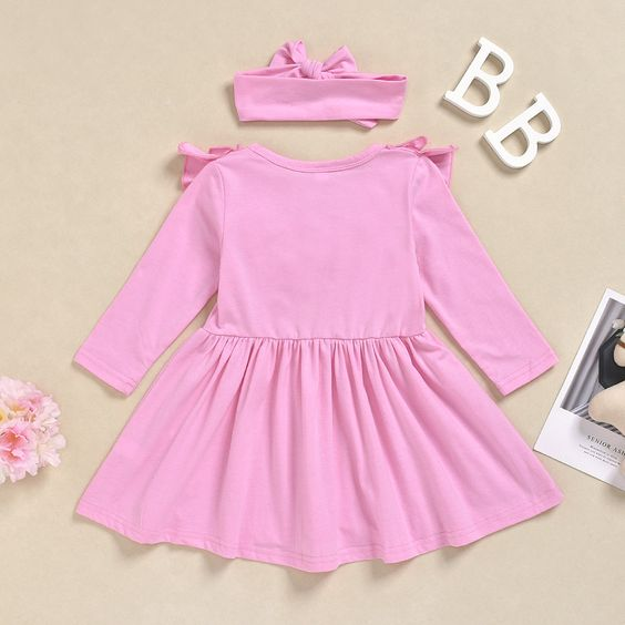 (Custom Design MOQ 5) Pink cotton girls ruffles knee length dress