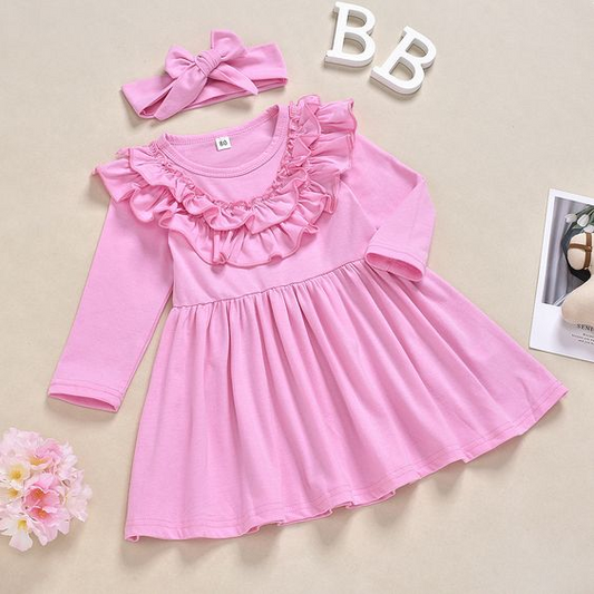 (Custom Design MOQ 5) Pink cotton girls ruffles knee length dress