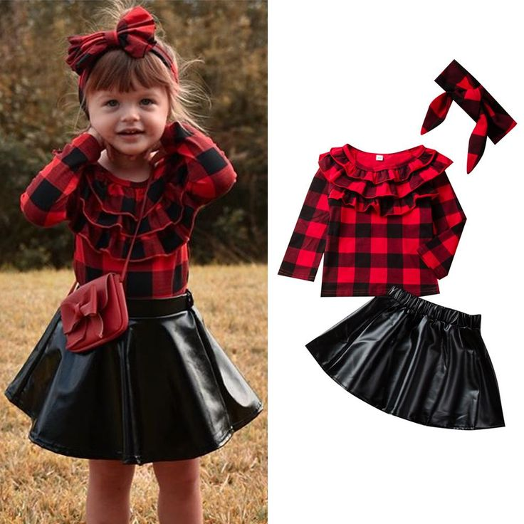 (Custom Design MOQ 5) Red plaid ruffles top lack leather skirt girls Christmas clothes set