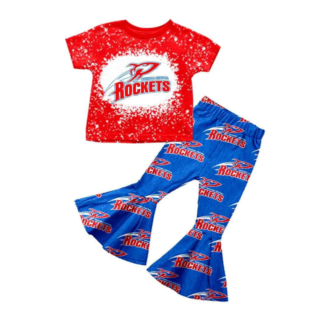 (Custom Design MOQ 5)  Red Top Blue Bell Pants Girls Football Team's Clothes Set