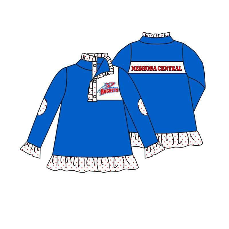 (Custom Design MOQ 5)   Girls blue football team's long sleeve button pullover shirts