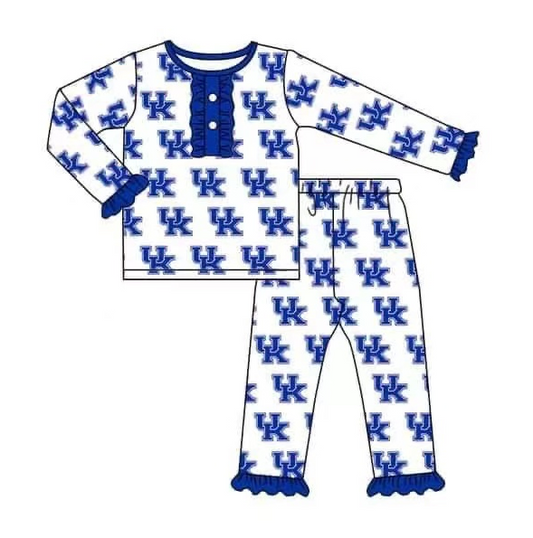 (Custom Design MOQ 5)  Blue Football Team's Pants Girls Pajamas Clothes Set