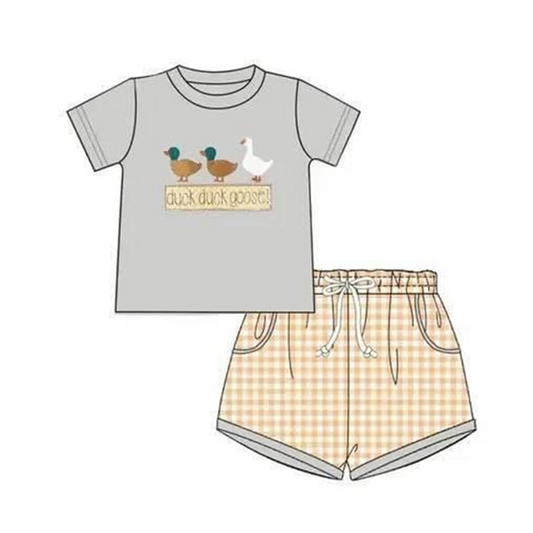 (Custom Design Preorder MOQ 5) Duck Duck Goose Top Plaid Shorts Boys Summer Clothes Set