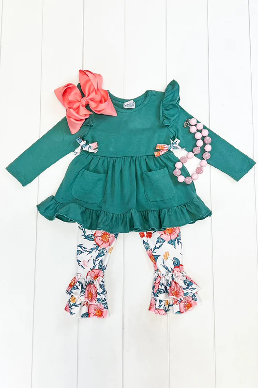 (Custom Design MOQ 5) Green tunic top flowers pants girls fall clothes set