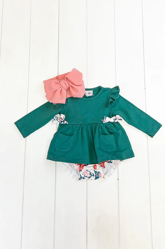 (Custom Design MOQ 5) Green Ruffle Flowers Print Baby Girls Romper