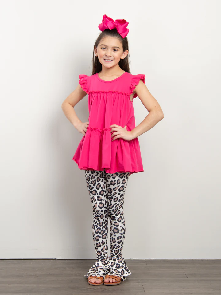 (Custom Design MOQ 5) Flutter sleeve hot pink tunic top leopard ruffle pants girls clothes set