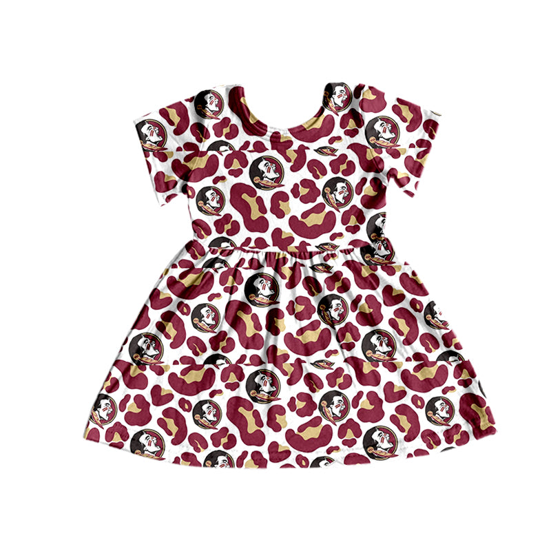 (Custom Design MOQ 5) Wine Football Team's Leopard Girls Knee Length Dress