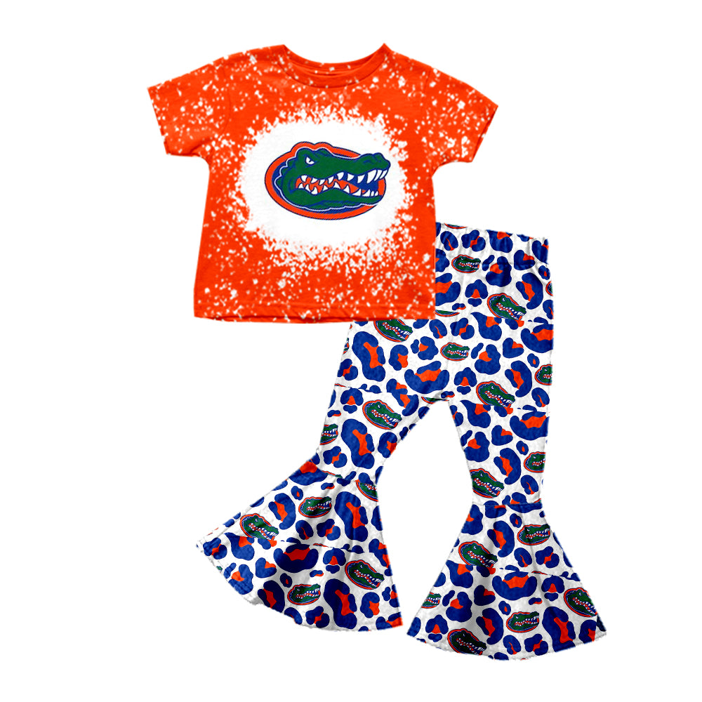 (Custom Design MOQ 5) Orange Football Team's Leopard Bell Pants Girls Clothes Set