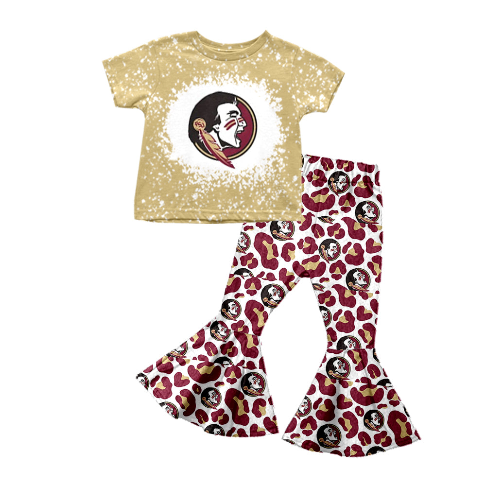 (Custom Design Preorder MOQ 5) Wine Football Team's Leopard Bell Pants Girls Clothes Set