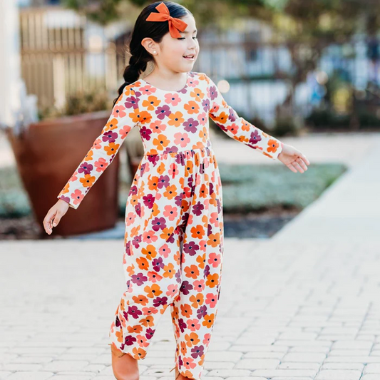 (Custom Design MOQ 5) Orange purple flowers print girls fall jumpsuits