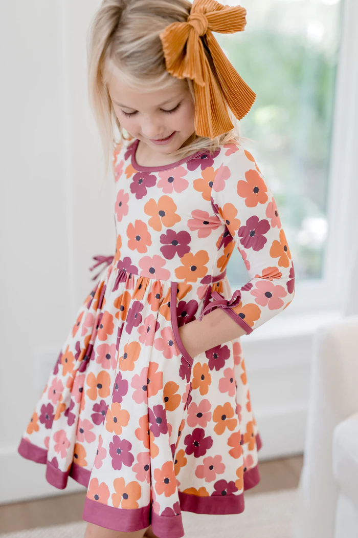 (Custom Design MOQ 5) Orange purple flowers print Knee Length Dress