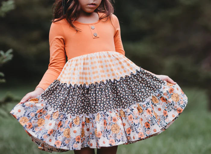 (Custom Design MOQ 5) Orange flowers print ruffles Knee Length Dress