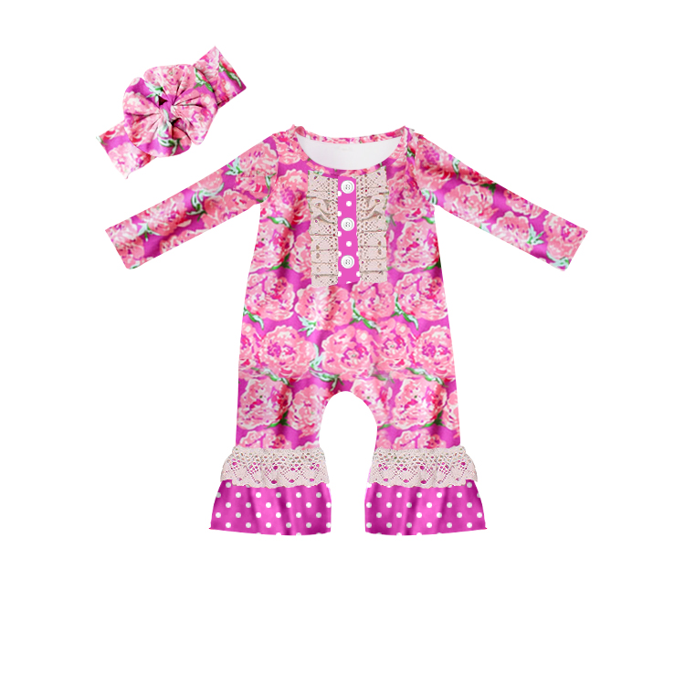 (Custom Design MOQ 5) Hot pink flowers baby girls romper