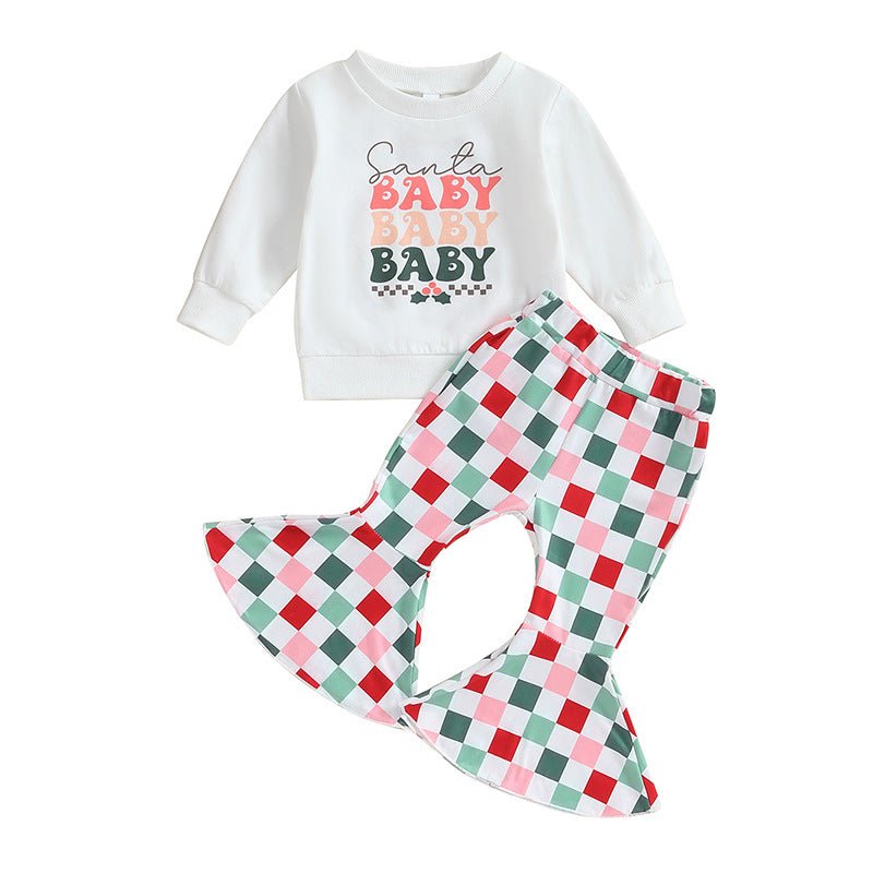 (Custom Design MOQ 5) Santa Baby Plaid Bell Pants Girls Christmas clothes set