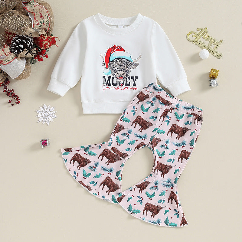 (Custom Design MOQ 5) Merry Christmas Highland Cow Bell Pants Girls clothes set