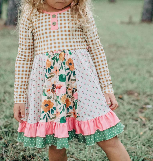 (Custom Design MOQ 5) Flowers print girls knee length fall ruffles dress