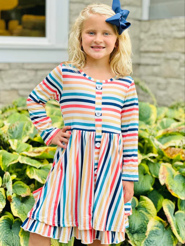 (Custom Design MOQ 5)  Colorful stripes pockets girls knee length dress