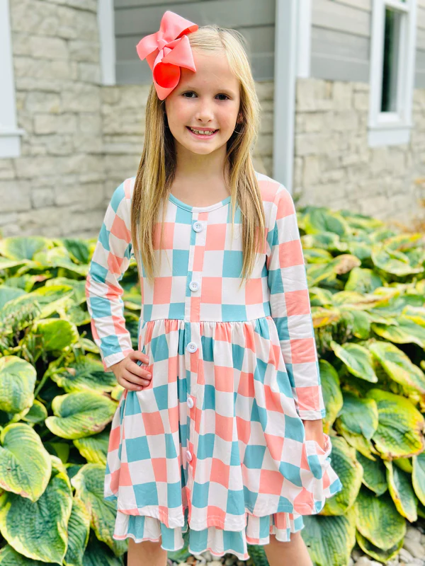 (Custom Design MOQ 5)  Pink blue plaid pockets girls knee length dress