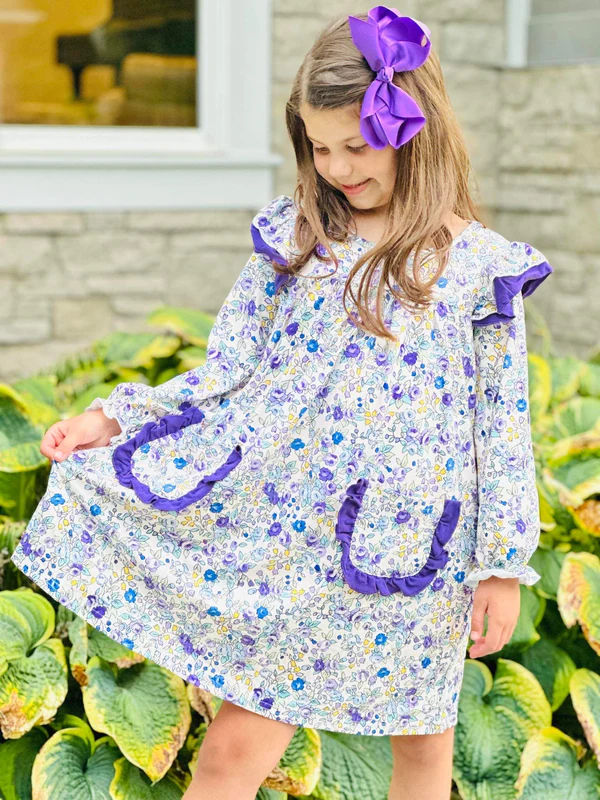 (Custom Design MOQ 5)  Purple flowers pockets girls knee length dress