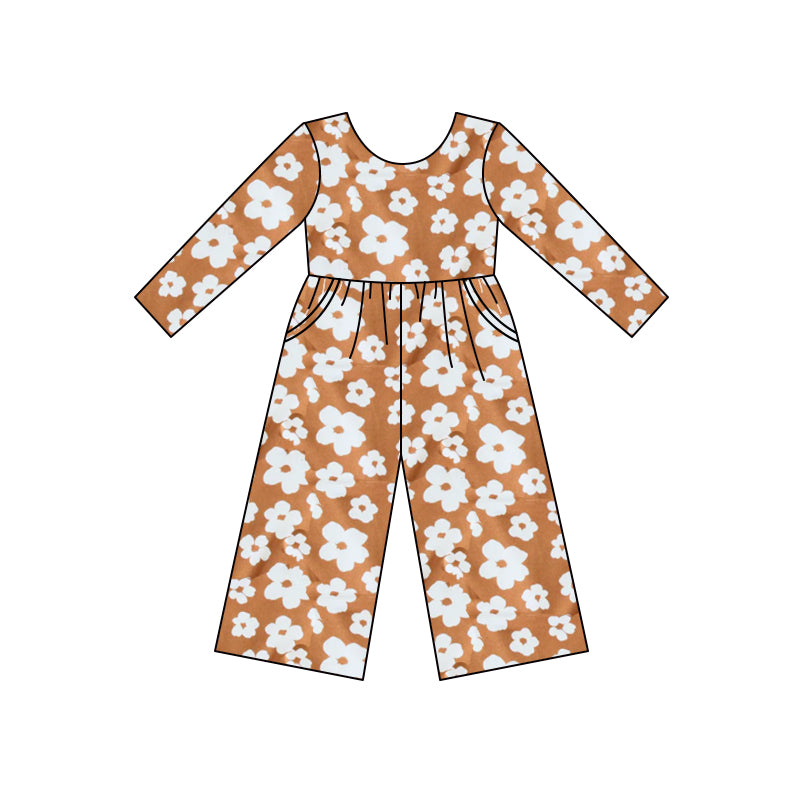 (Custom Design MOQ 5) Brown flowers print girls fall jumpsuits