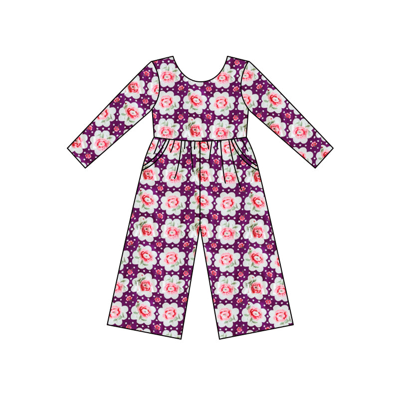 (Custom Design MOQ 5) Dark purple flowers print girls fall jumpsuits