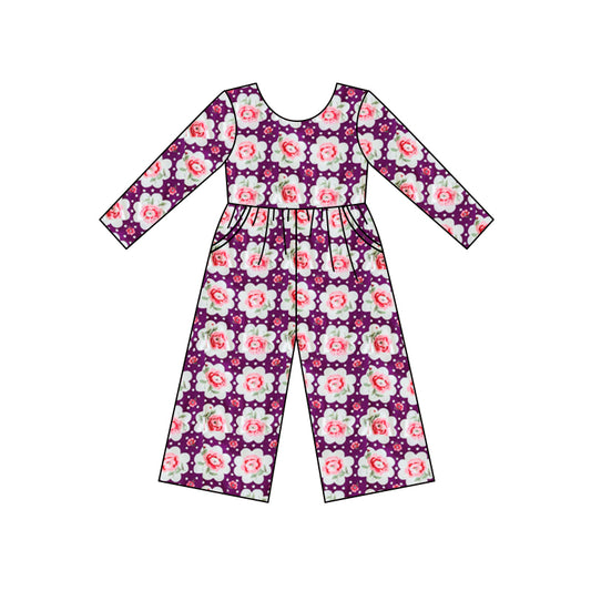 (Custom Design MOQ 5) Dark purple flowers print girls fall jumpsuits