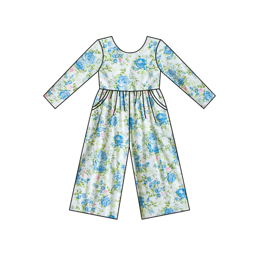 (Custom Design MOQ 5) Blue flowers print girls fall jumpsuits