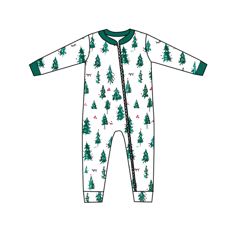 (Custom Design MOQ 5) Green Christmas Tree Baby Zipper Romper