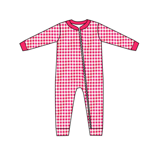 (Custom Design MOQ 5) Hot Pink Plaid Baby Zipper Romper