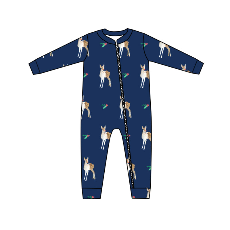 (Custom Design MOQ 5) Navy Christmas Dear Baby Zipper Romper