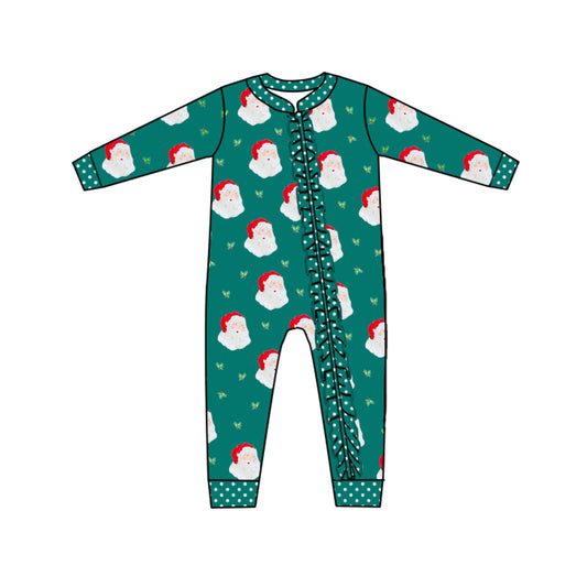 (Custom Design MOQ 5) Green Christmas Santa Baby Girls Zipper Romper