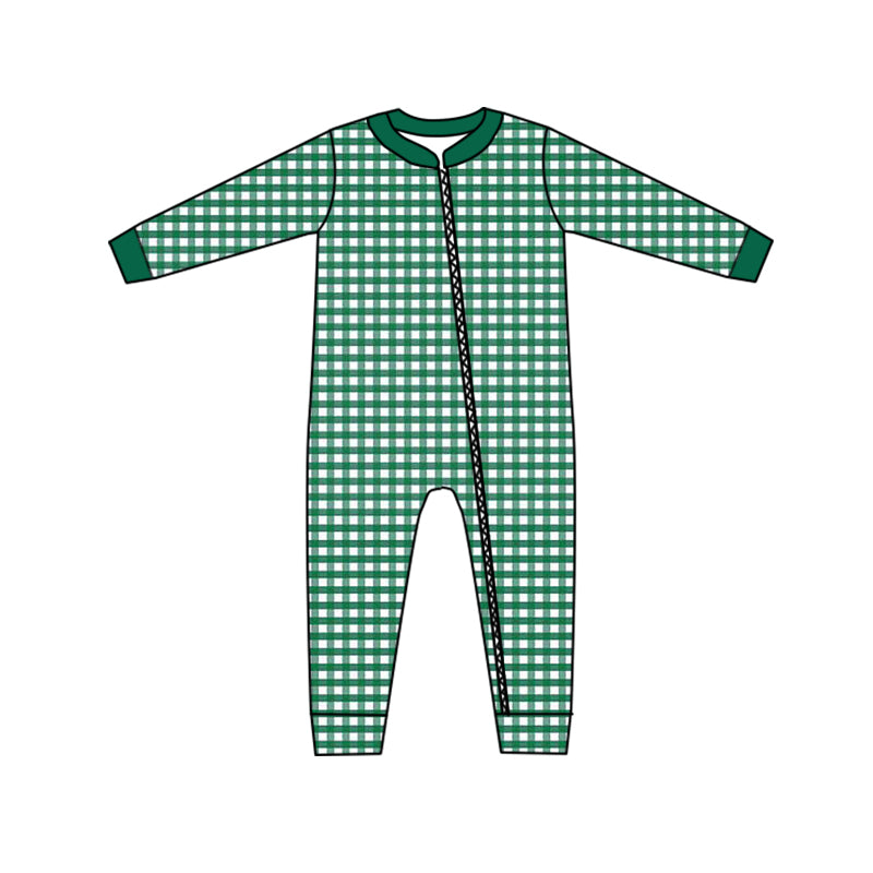 (Custom Design MOQ 5) Green Plaid Baby Zipper Romper