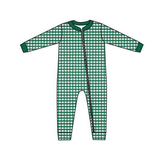 (Custom Design MOQ 5) Green Plaid Baby Zipper Romper