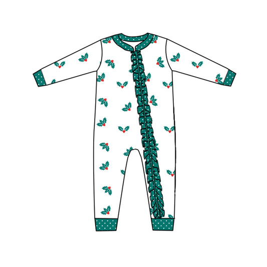 (Custom Design MOQ 5) Christmas Flowers Baby Girls Zipper Romper