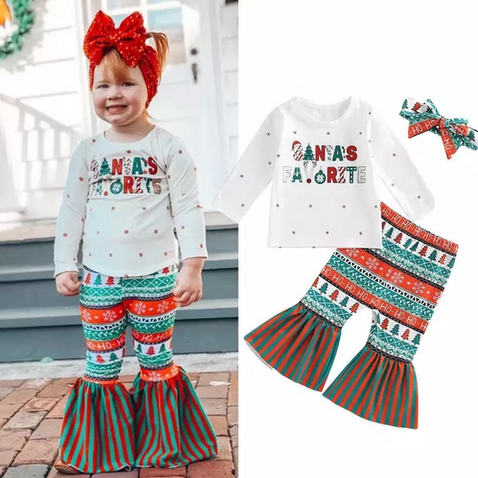 (Custom Design MOQ 5) Santa's Favorite Bell Pants Girls Christmas clothes set