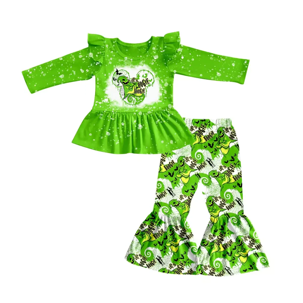 (Custom Design Preorder MOQ 5) Green Halloween Character Bell Pants Girls Clothes Set