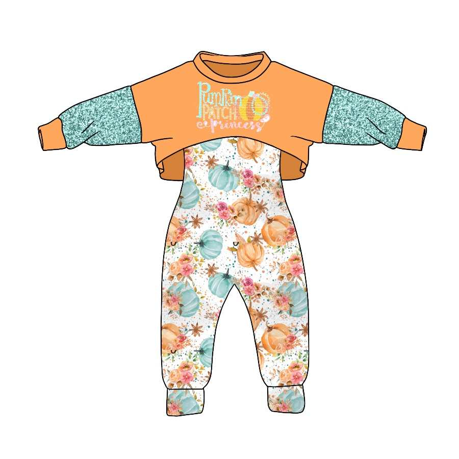 (Custom Design Preorder MOQ 5) Mustard Pumpkin Girls Jumpsuits Fall Clothes Set