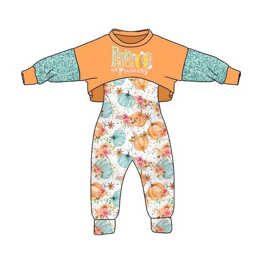 (Custom Design Preorder MOQ 5) Mustard Pumpkin Girls Jumpsuits Fall Clothes Set