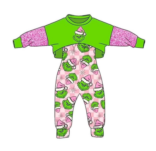 (Custom Design Preorder MOQ 5) Pink Christmas Frog Girls Jumpsuits Clothes Set